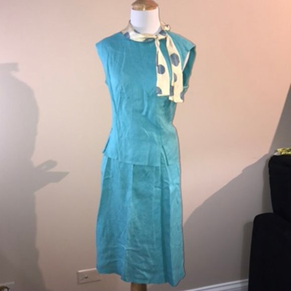 Vintage 1960s Bright blue polka dot ascot 3 piece - Picture 2 of 8